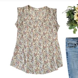 Pleione Women's Floral Blouse Size Medium Colorful Cap Sleeves Scoop Neck Boho